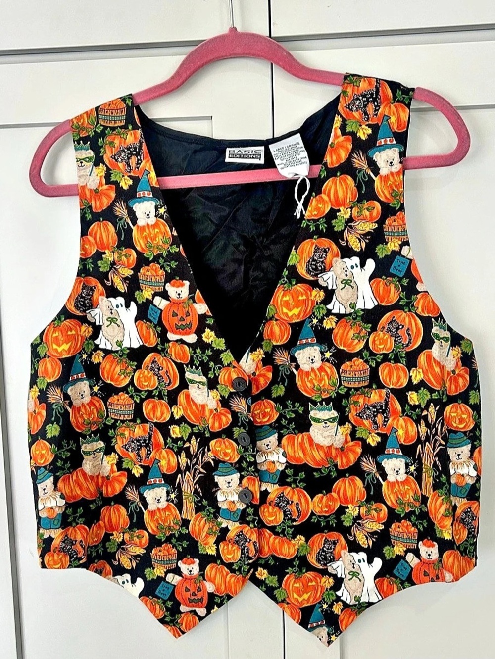 Basic Editions Halloween Pumpkin Cat Print Vest Size Large NWT